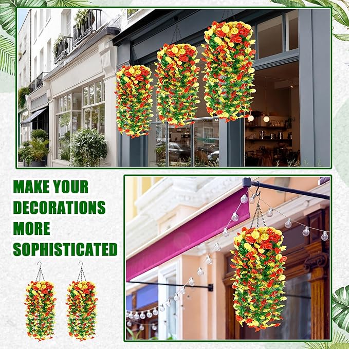 Hotop 2 Set Artificial Hanging Flower Basket and 6 Pcs Bougainvillea Silk Vine Flower for Outdoor Indoor UV Resistant Faux Hanging Plant Coconut Lining Planter Pot (Yellow,Orange)