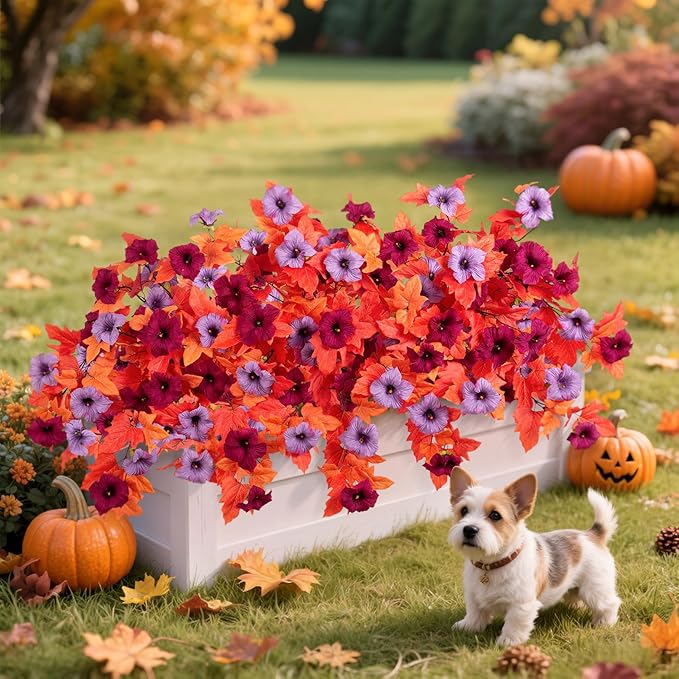 Fake Fall Flowers for Outdoor Decor 2 Pcs Artificial Flowers Fake Faux Silk Petunias Fall Plants, UV Resistant Flower for Garden Porch Patio Balcony Thankgiving Decoration (Burgundy Purple)