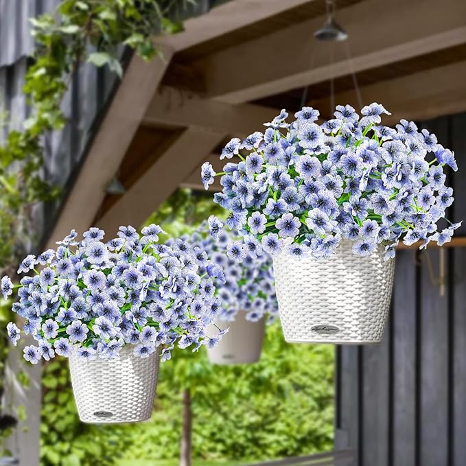 Krissing 48 Bundles Outdoor Artificial Flowers UV Resistant Fake Silk Flowers Faux Plastic Plants Outside Garden Porch Window Box Summer Decoration (Blue)
