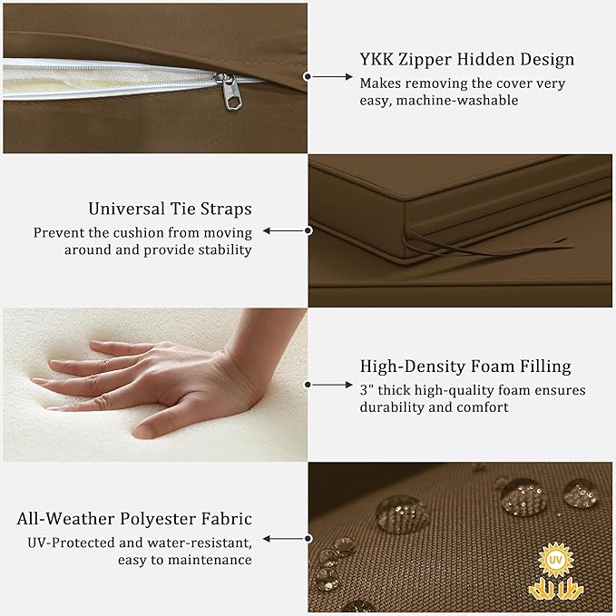 3 Pack Outdoor Replacement Cushions,36L x 18W x 3H,18L x 18W x 3H inch, High-Elastic Replacement Sponge for 4-Seater Water-Resistant Patio/Sofa with Removable Covers (Chocolate)