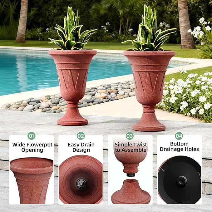 23.6" Tall Plastic Urn Planters for Outdoor Plants with Drainage Holes & Trophy Design, Set of 2 Sturdy Base Classic Indoor Large Flower Pots, Outdoor Planters for Porch/Home, Brick Red/Brown