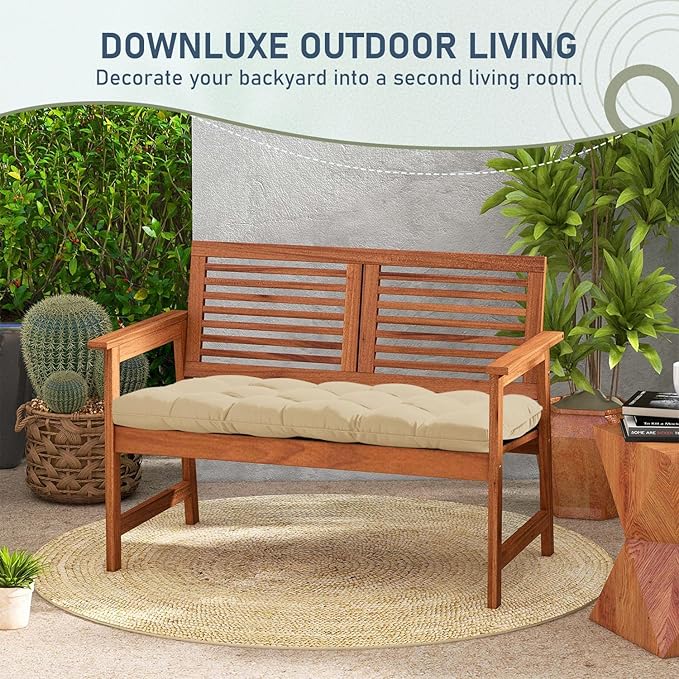 downluxe Outdoor Bench Cushion for Patio Furniture, Waterproof Tufted Overstuffed Porch Swing Cushions, Thick Outdoor Loveseat Cushions, 44" X 19" X 5", Khaki, Set of 1