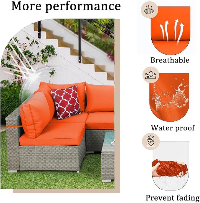 14 Pieces Outdoor Sectional Replacement Cushions for Patio Furniture, 4in Thick Outdoor Sofa Cushions for 6 Seat, Waterproof Deep Seat Couch Patio Cushion Set (Orange Color)