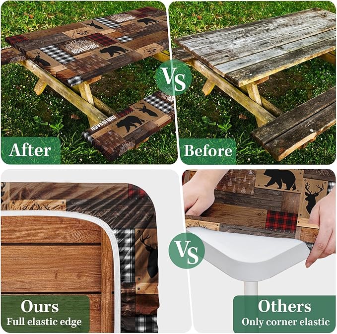 Picnic Table Cover with Bench Covers Elastic Edges, Retro Camper Fitted Table Cover, Outdoor Patio Camping Essentials 72 Inch 3PCS, Waterproof Camping Fitted Tablecloth with Drawstring Bag