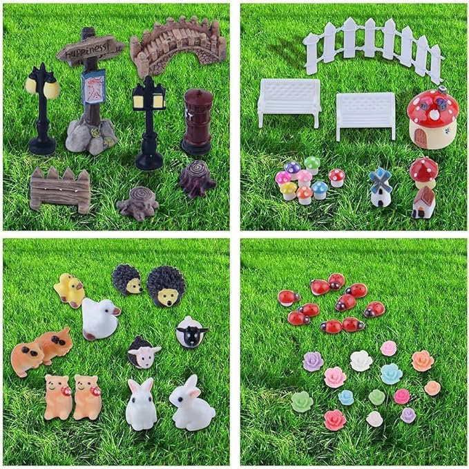 100 PCS Mini Fairy Garden Accessories Kit Outdoor Mushroom Tiny Animal Miniatures Garden Figurines Landscape Ornaments for Bonsai Terrarium House Plant Party Decoration Supplies