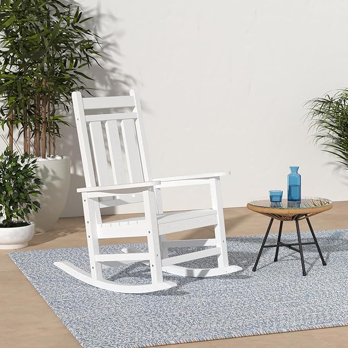 KINGYES Oversized Outdoor Rocking Chair Set of 6, All-Weather Patio Rocking Chairs for Porch, HDPE Outdoor Patio Rockers with High Back & Wide Seat for Garden, Lawn, White