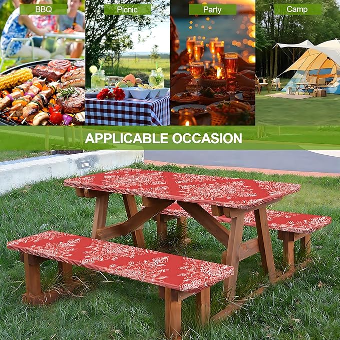 Picnic Table Cover with Bench Covers Set of 3 - Red Ethnic Symmetrical Bohemian Medallion Pattern, Elastic Fitted Tablecloth for 6 Ft Tables, Washable Polyester Cover for Patio, Indoor & Outdoor