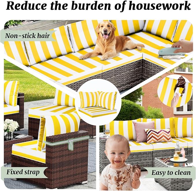 Outdoor Sectional Cushions Replacement Set, 26x26in Patio Furniture Cushions, 14 Pieces Waterproof Outdoor Couch Cushion for 6 Seat Wicker Conversation (Yellow and White Stripes)