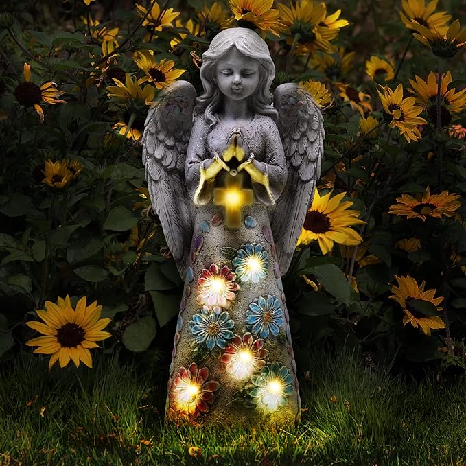 Angel Garden Statue Outdoor Figurine, Solar Powered Garden Sculpture with 6 LEDs Resin Praying Angel Decor for Patio Lawn Yard Porch Decoration Christmas Birthday Housewarming Present 13.2” H