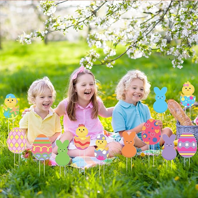 Iceyyyy 12 Pcs Easter Egg Planter Stakes-11 Inch Bunny Egg Chick Planter Stakes-Easter Yard Stakes Garden Signs for Home Plant Pot Party Supplies Outdoor Lawn Decor