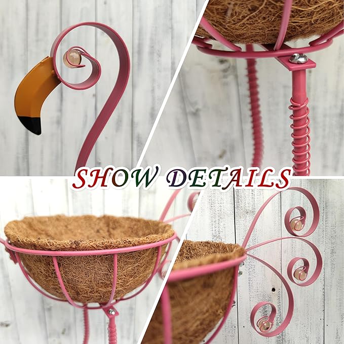 Pink Flamingo Planters,Metal Flamingo Plant Pots Decorations with Fiber Basket,Outdoor Indoor Standing Bird Planters Lawn Garden Décor Art for Lawn,Yard,Patio,Balcony Ornament（Set of 2）