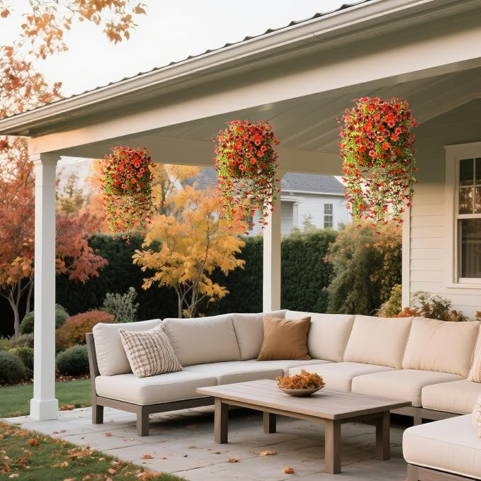 Artificial Hanging Flowers for Outdoors, 2 Pcs Fake Hanging Plant for Spring Decoration, UV Resistant No Fade Faux Silk Daisy Flower for Planter Porch Patio Yard Garden Outside Decor(Red Brown)
