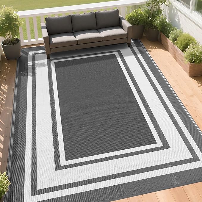 RURALITY Outdoor Rugs 5x8 for Patios Clearance,Waterproof Mats for Porch,Deck,Plastic Straw Area Rugs for Backyard,Balcony,Reversible,Grey&White