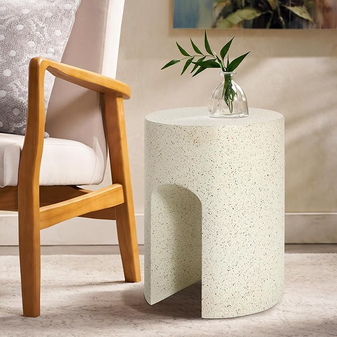 LuxenHome Mod Cream Cement Round with U-Shape Outdoor Side Table, Set of 2