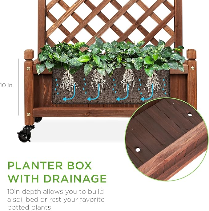 Best Choice Products 48in Wood Planter Box & Diamond Lattice Trellis, Mobile Outdoor Raised Garden Bed for Climbing Plants w/Drainage Holes, Optional Wheels - Walnut