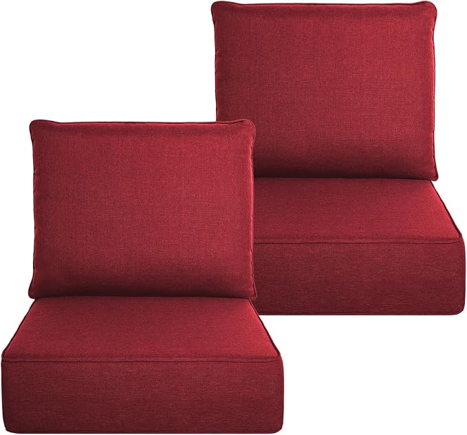 Belord Luxury 6" Thick Outdoor Cushion 2 Set - 24 x24 Inch 28D Sponge Filling Fade-Resistant Chair Cushion, Spill Proof Removable Patio Furniture Replacement Cushion for Sofa Bench Swing - Red