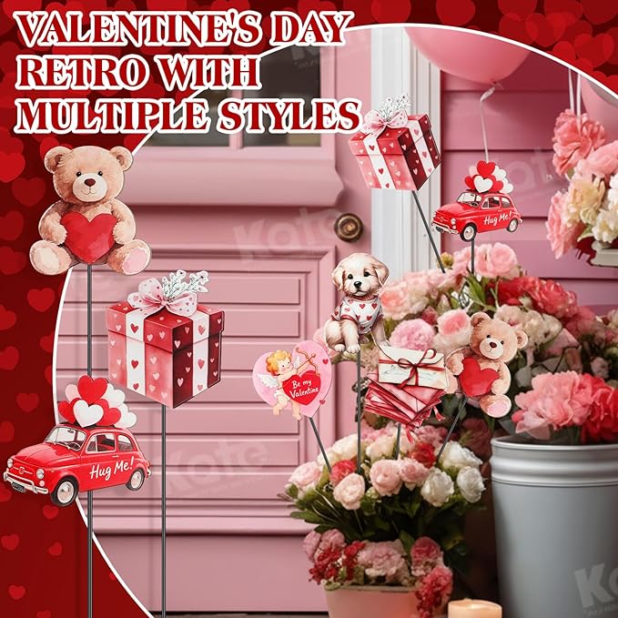Pickmesh 6 Pcs 12" H Valentine's Day Metal Yard Sign Vintage Valentine Metal Yard Sign Barn Garden Stake for Planter Pot Walkway Pathway Outdoor Decor Lawn Decoration