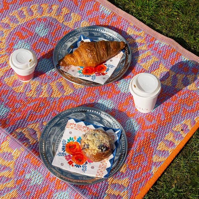 Talking Tables Boho Woven Waterproof Outdoor Rug | Plastic, Lightweight & Non Slip Mat with Double-Sided Geometric Pattern | for Garden, Patio, Decking, Bathroom, Utility, Picnic,Boho-Rug-V3