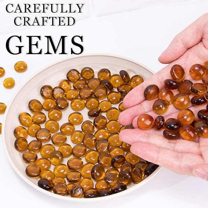 Meschett 50PCS Mini Glass Gems,Amber Mancala Stones Flat Bottom Marble Beads for Home Decorative Art Craft Vase Filler(0.5"~0.7")
