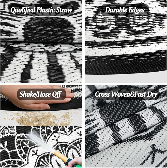 Cekene Round Outdoor Rugs Waterproof 8Ft Reversible Outdoor Patio Rugs Portable RV Camping Mats Lightweight Plastic Straw Rugs Outdoor Area Rug for Patio Picnic Beach BBQ, Black/Camel