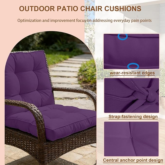 2 Piece Outdoor Patio Chair Cushions, Fade Resistant Outdoor Cushions for Patio Furniture, 6 inch Thickened Rocking Chair Cushions Set (Purple, 24x24x6 inch - 2 Pieces)