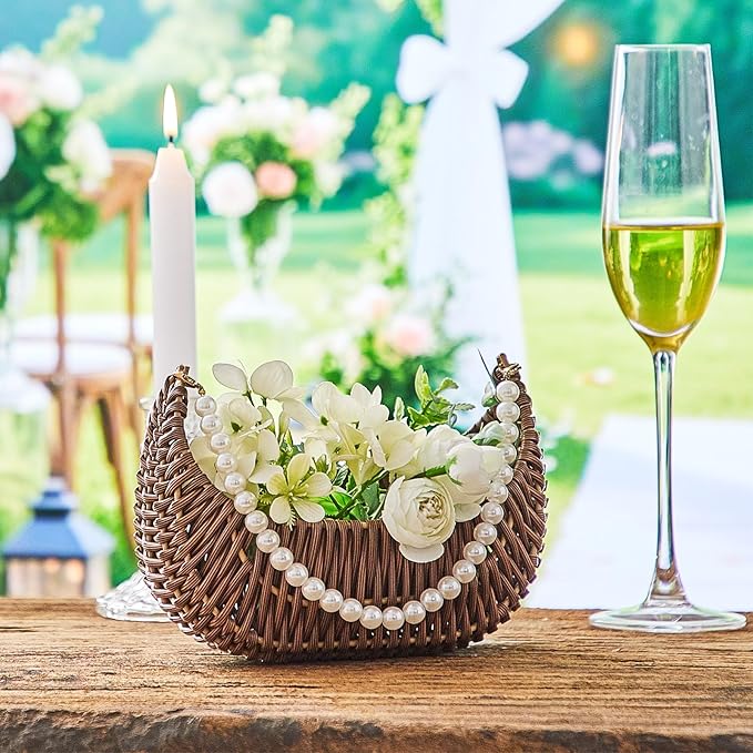 Taiyin 2 Pcs Rattan Flower Girl Basket with Pearl Handle Small Half Moon Wicker Basket for Wedding Flower Girl Picnic Garden Storage and Home Decor (Dark Brown)