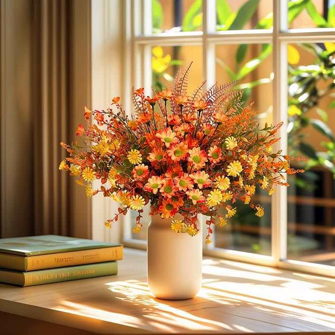 Fall Flowers Artificial for Thanksgiving Decoration, Artificial Mums for Outdoors, 10 Bundles Fake Fall Plants, Faux Mums for Outdoor Planters, Indoor Home Porch Decor (Early Harvest)