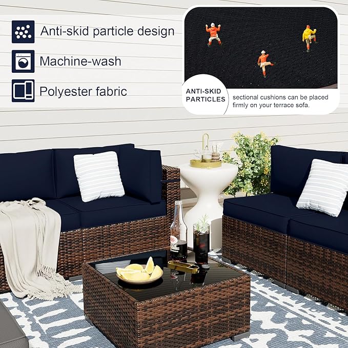 Patio Sectional Cushions, 14-Piece Replacement Cushions for Outdoor Furniture, Water-Resistant Outdoor Sofa Cushion for 6-Seat Rattan Wicker Sectional Conversation Sets (Navy Blue)