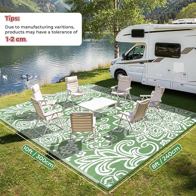 Findosom Waterproof Outdoor Rug 8' x 10' - Reversible Mandala Outdoor Plastic Straw Rug, Durable Foldable Patio Rug for RV, Deck, Balcony, Backyard, Picnic, Porch, Camping, Beach, Green