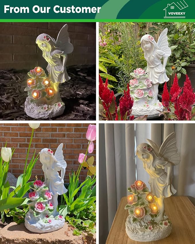 Garden Figurines Angel Garden Statue Outdoor Decor, Solar Powered Resin Sculpture with 5 LEDs Art Decoration for Patio Lawn Yard Porch, Ornament Housewarming Gift, 11“ H