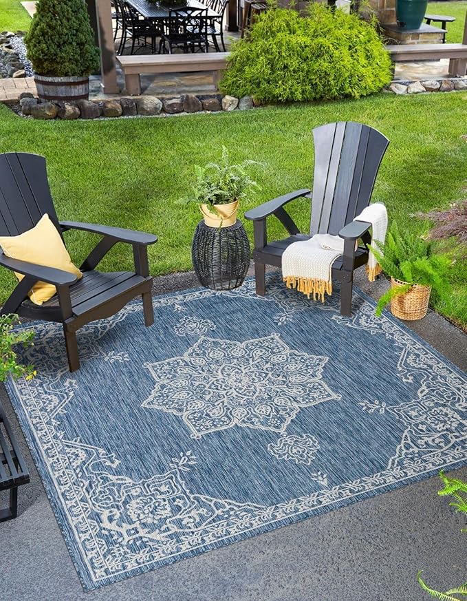 Unique Loom Outdoor Traditional Collection Area Rug - Antique (10' Square Blue/Ivory)
