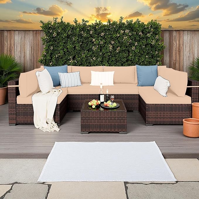 Outdoor Replacement Cushions for Patio Furniture,14-Piece Patio Water-Resistant Replacement Sofa Cushions,Fits 6-seat Sectional Rattan Conversation Set,Liner&Cover (Beige)