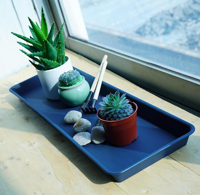 2 Pack of Blue Plastic Rectangular Plant Tray, Plant Saucer for Indoors & Outdoors, 6.5 X 13 Inch, Modern Glossy Finish