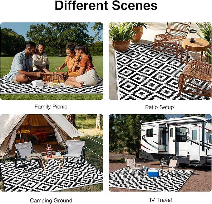 OLANLY Waterproof Outdoor Rug 10x14 ft, Outdoor Plastic Straw Rug for Camping, RV Mat Outside, Indoor Outdoor Carpet for Porch, Deck, Backyard, Balcony, Picnic, Black & White