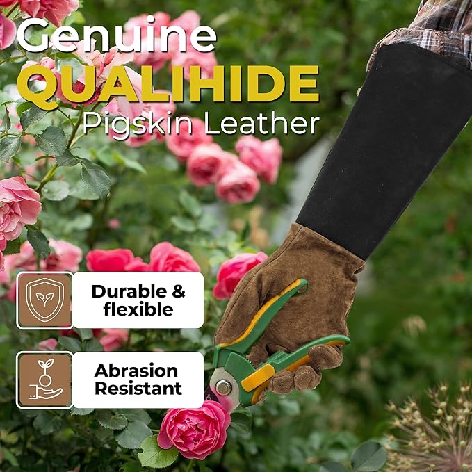 HANDLANDY Long Gardening Gloves for Men & Women, Pigskin Leather Rose Pruning Gloves, Breathable Thorn Proof Gauntlet Glove (Brown-Pigskin, L)