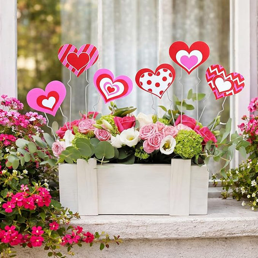 12 Pcs Valentine‘s Day Heart Planter Stakes Valentine Decorative Garden Stake Decor Pink Red White Heart Stake Sign for Patio Lawn Yard Planter Pot Pathway Anniversary Wedding Decor