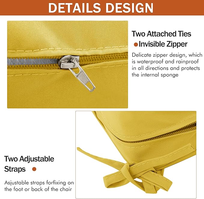 Outdoor Chair Cushions 16 x 17 Inch, Set of 4, Water Resistant Patio Chair Cushions with Tie Color Fastness Thick Outdoor Seat Cushion for Garden Lawn Patio Furniture Yellow
