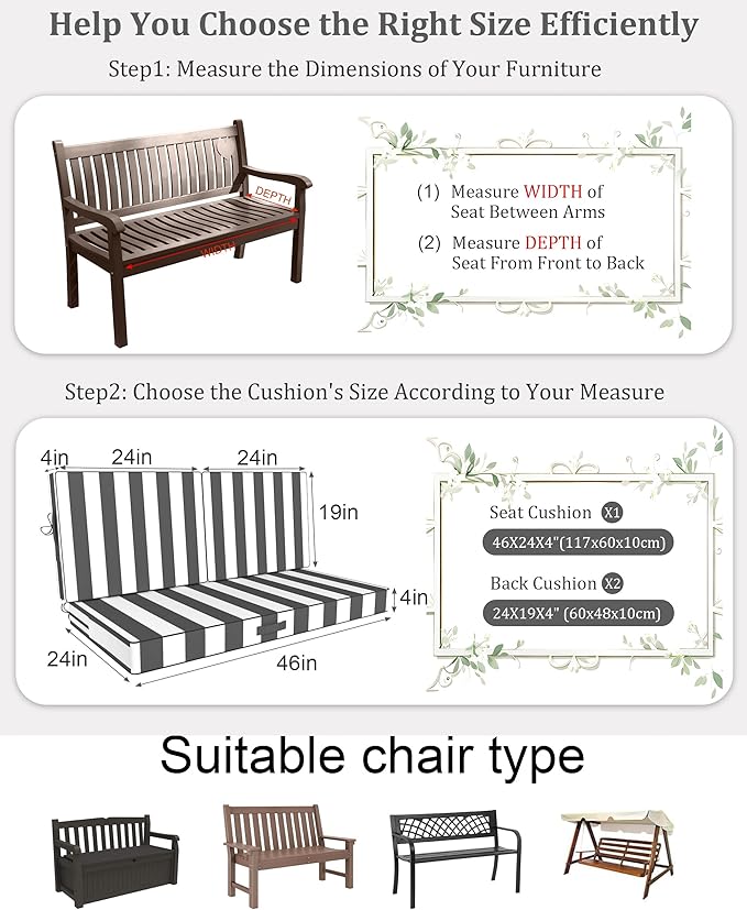 46 x 24 Outdoor Loveseat Cushion Set, 3 Piece Seat Cushions for Patio Furniture,Fade Resistant,Water Repellent, Outdoor Cushion Set for Wicker Couch,Bench,Swing,Gray Black Striped