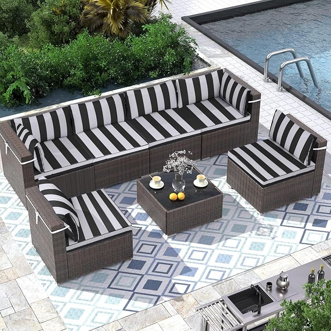 Outdoor Sectional Cushions Replacement Set, 26x26in Patio Furniture Cushions, 14 Pieces Waterproof Outdoor Couch Cushion for 6 Seat Wicker Conversation (Black and White Stripes)