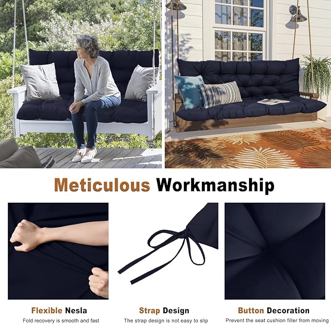 2-3 Seat Swing Replacement Cushion, Outdoor Bench Cushions with Backrest Thicken 4", Patio Furniture Garden Porch Loveseat Glider Pad Anti-Fading Waterproof (Navy Blue, 40x40in)
