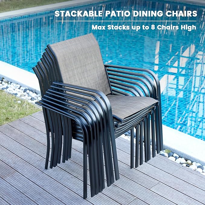 VICLLAX Patio Stackable Dining Chairs Set for 8, Outdoor Sling Chairs with Metal Frame for Front Porch Balcony Backyard Garden and Deck, Brown