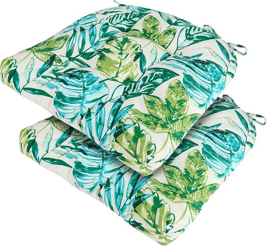 FUNHOME Outdoor Chair Cushions 19 x19 Inch,Water Resistant Tufted Seat Cushions 19",Reversible,Weather Resistant,Rounded Back Wicker Chair Cushion for Patio Garden Furniture(Palm Leaf)
