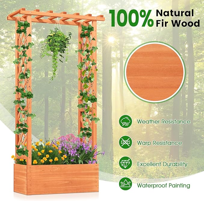 HAPPYGRILL Raised Garden Bed with Trellis, 2 Pack Wood Elevated Garden Bed with Hanging Roof, Planter Box, Drainage Holes for Climbing Plants, Flowers, Vegetables, 31" L x 14" W x 60" H