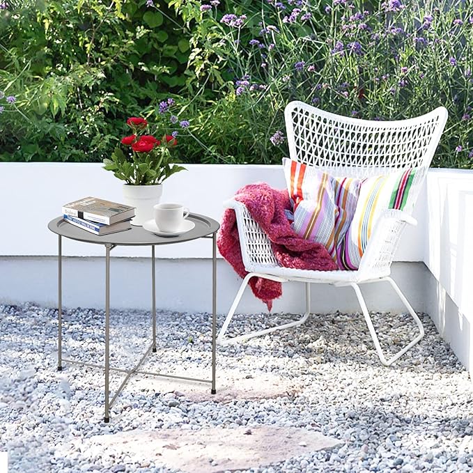 Garden 4 you End Table Metal Side Table Grey Round Folding Tray Cyan Sofa Small Accent Fold-able Table, Round End Table Tray, Next to Sofa Table, Snack Table for Living Room and Bed Room