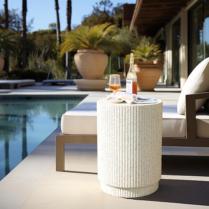 LuxenHome Cream Cement Round Outdoor Side Table, End Tables for Patio, Garden Small Accent Decorative Stool, Plant Stand Drum Table Indoor and Outdoor