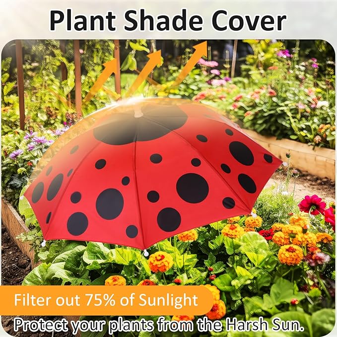 4 Pack Plant Umbrellas for Outdoor Plants, Upgraded Joints-enhanced Wind Resistance, Adjustable Height, Large Garden Umbrella Shade for Potted Plants Bed Flower Pot(Ladybug)