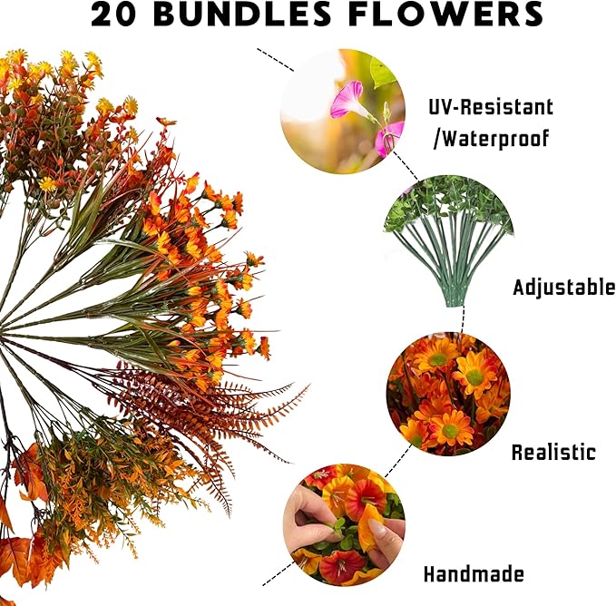 Fall Flowers Artificial for Thanksgiving Decoration, Artificial Mums for Outdoors, 20 Bundles Fake Fall Flowers Plants, Faux Mums for Outdoor Planters, Indoor Home Porch Decor (Early Harvest)