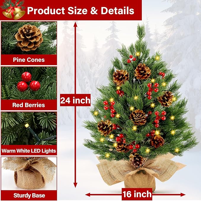 [ 8 Modes & Timer] 24 Inch Realistic Tabletop Christmas Tree Small Christmas Tree with 50 Warm Lights Battery Operated Indoor Home Table Christmas Decorations