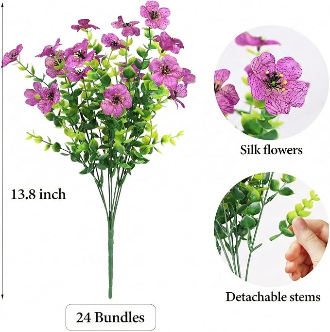 Artificial Flowers Outdoor Faux Plants UV Resistant Fake Patio Flowers Plastic Greenery Plnats Outside Bulk for Spring Garden Hanging Planter Home Vase Decor, 24 Bundles (Purple)