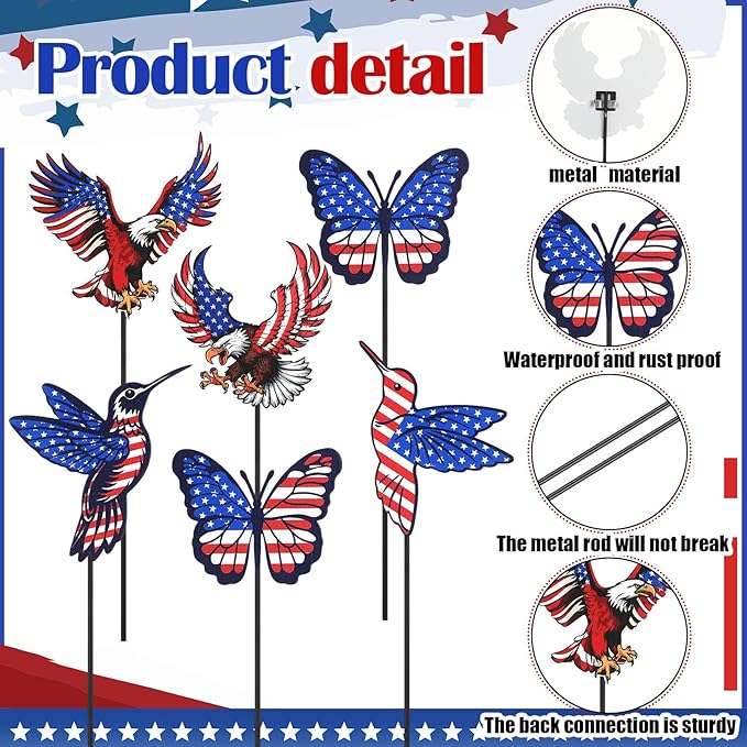 Pickmesh 6 Pcs 12" H Patriotic Metal Yard Sign Patriotic Garden Stake 250th Anniversary USA Flag American Yard Sign for Memorial Day Outdoor Decor 4th of July Independence Day Decoration